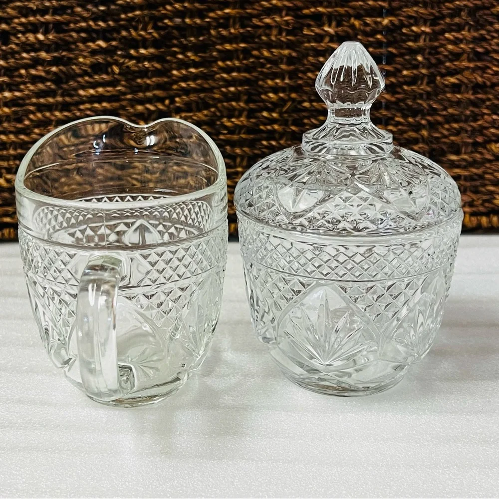 Vintage Anchor Hocking Pineapple Pattern Clear Glass Sugar Bowl & Creamer
